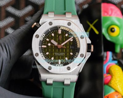 Copy Audemars Piguet Royal Oak Offshore Diver Watch Olive Green Dial Steel Case Green Rubber Strap